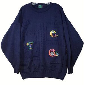Vtg Emerald Isle Knit Sweater XL Blue Embroidered Textured Crew‎ Ireland Irish